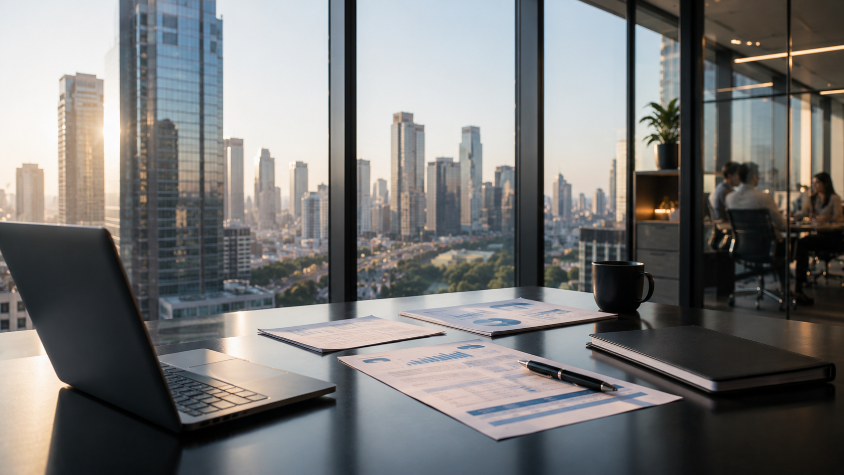 Mesa executiva com laptop, relatórios financeiros e vista para o horizonte da cidade, sala de reunião ao fundo